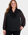 Kasper Plus Size Gold Foil Dot Print Tie-neck Blouse In Black