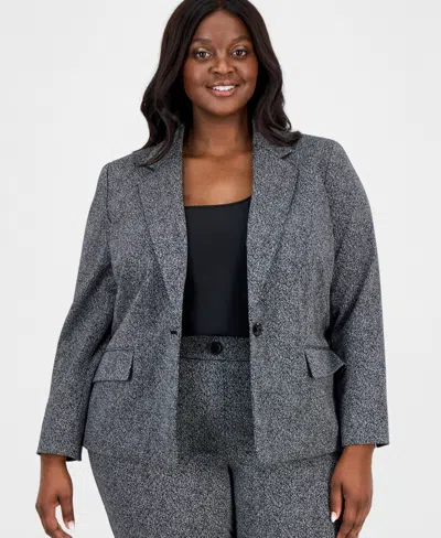 Kasper Plus Size Herringbone One-button Blazer In Gray