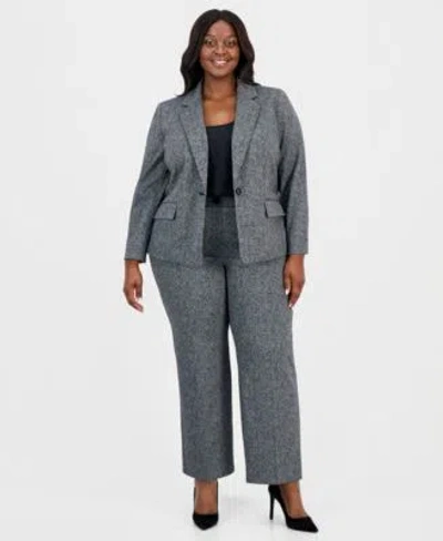 Kasper Plus Size Herringbone Single Button Blazer Pants In Gray