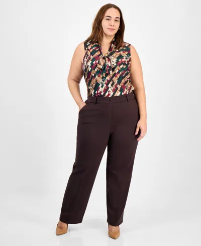 Kasper Plus Size High Rise Straight Leg Pants In Brown