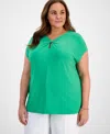 Kasper Plus Size Sleeveless Pleat-neck Keyhole Top In Apple Green