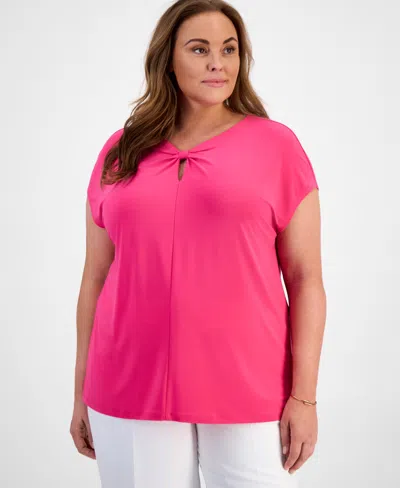 Kasper Plus Size Keyhole-neck Pleated Top In Pink Perfection
