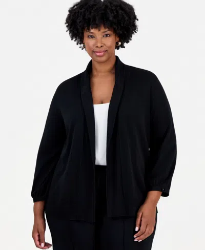 Kasper Plus Size Kissing Front Shawl-collar Lightweight Cardigan In Black