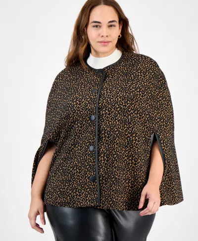 Kasper Plus Size Knit Jacquard Snap-front Cape Jacket In Brown