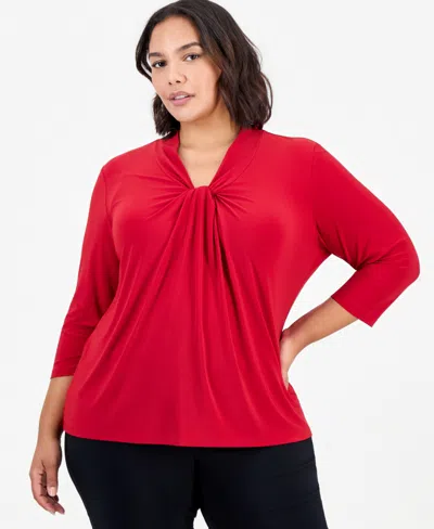 Kasper Plus Size Knot-front 3/4-sleeve Blouse In Red