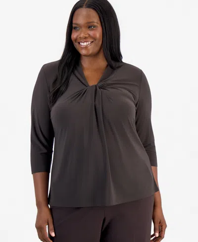 Kasper Plus Size Knot-front 3/4-sleeve Blouse In Rich Chocolate