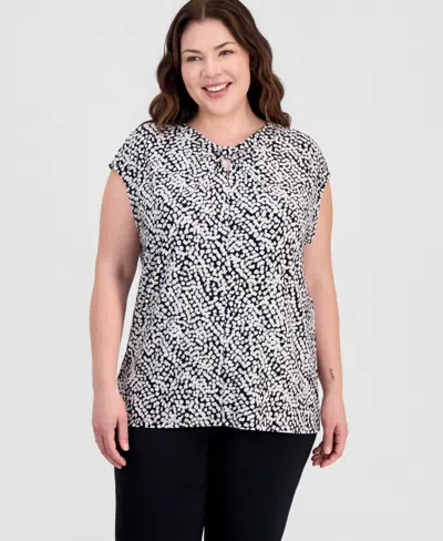 Kasper Plus Size Knot-neck Extended-shoulder Top In Black
