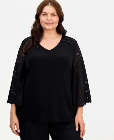 Kasper Plus Size Lace Bell-sleeve V-neck Top In Black