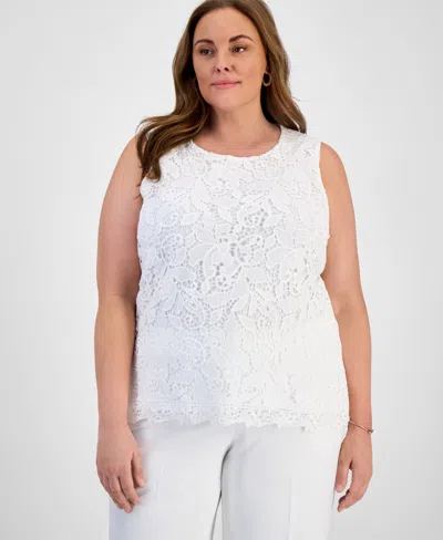 Kasper Plus Size Lace-front Sleeveless Knit Top In Lily White