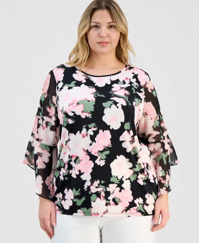 Kasper Plus Size Large-floral-print Ruffle-sleeve Blouse In Multi