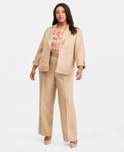 Kasper Plus Size Linen Open Front Seamed Roll Tab Sleeve Jacket Linen High Rise Press Pleat Wide Leg Pants In Cosmo Pink,lily White