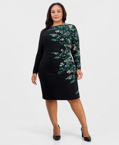 Kasper Plus Size Long Sleeve Floral Side Pleat Dress In Black Multi