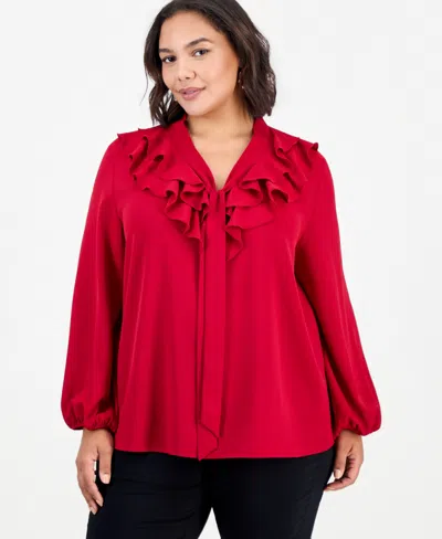 Kasper Plus Size Long-sleeve Ruffle Front Blouse With Bow In Animal Print
