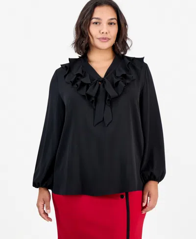 Kasper Plus Size Long-sleeve Ruffle Front Blouse With Bow In Black