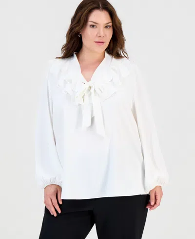 Kasper Plus Size Long-sleeve Split-neckline Ruffle Blouse In Vanilla Ice
