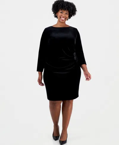 Kasper Plus Size Long-sleeve Velvet Side-pleat Dress In Black