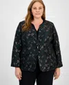 Kasper Plus Size Metallic Jacquard Collarless One-button Blazer In Black