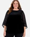 Kasper Plus Size Mixed-media Contrast-sleeve Blouse In Black