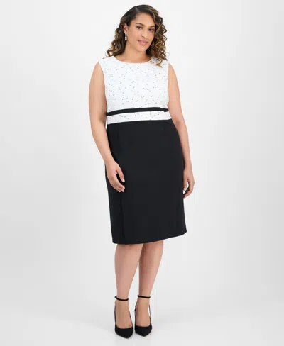 Kasper Plus Size Mixed Media Sleeveless Sheath Dress In Vanilla Ice,black
