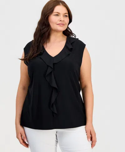 Kasper Plus Size Mixed-media Ruffle Top In Black