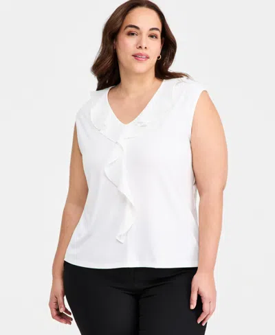 Kasper Plus Size Mixed-media Ruffle Top In White