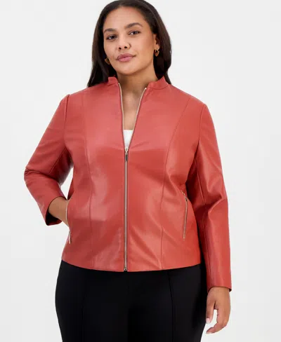 Kasper Plus Size Moto Zip-up Collarless Jacket In Red