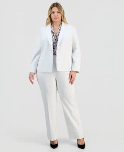 Kasper Plus Size Notch Collar Seamed One Button Jacket Pull On Straight Leg Pants In White