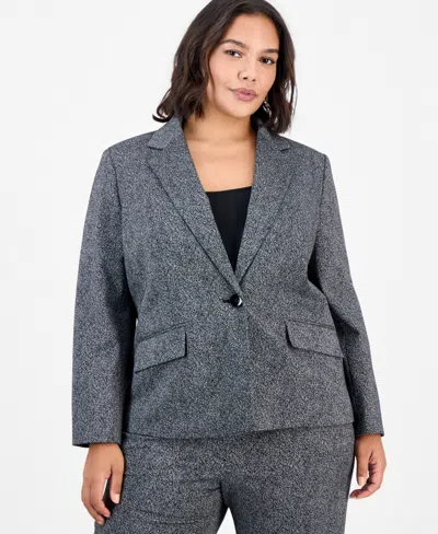 Kasper Plus Size Notch-collar Long-sleeve Geometric Blazer In Gray