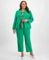 Kasper Plus Size Notched Collar Blazer Printed Cap Sleeve Top Straight Fit Suit Pants In Green