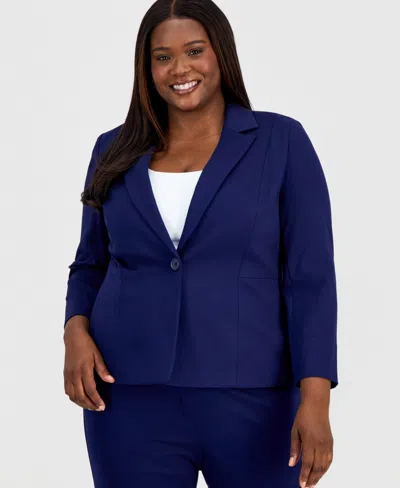 Kasper Plus Size Notched Collar One-button Blazer In Blue