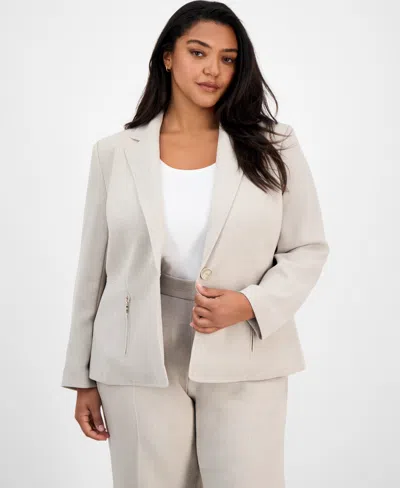 Kasper Plus Size One-button Zip-pocket Blazer In Summer Straw