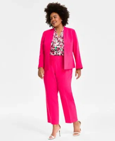 Kasper Plus Size Open Front Blazer Printed Blouse Stretch Crepe Straight Fit Suit Pants In Pink Perfection