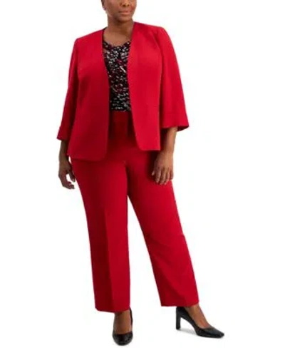 Kasper Plus Size Open Front Blazer Printed Twist Neck Top Mid Rise Ankle Pants In Red