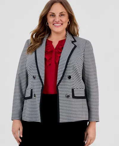 Kasper Plus Size Open Front Houndstooth Blazer In Black