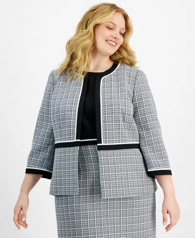 Kasper Plus Size Open-front Piped-trim Tweed Jacket In Royal Signature Mlt