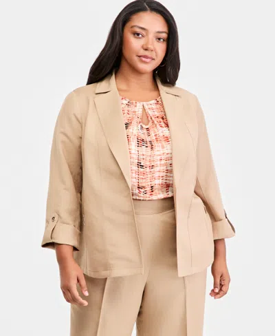 Kasper Plus Size Open-front Seamed Roll-tab-sleeve Jacket In Neutral