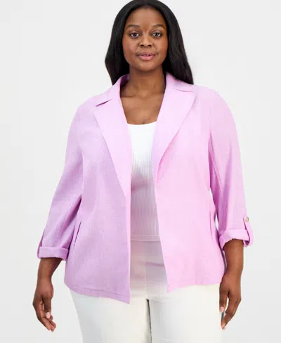 Kasper Plus Size Open-front Seamed Roll-tab-sleeve Jacket In Pink
