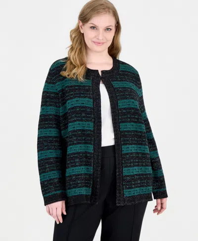 Kasper Plus Size Open-front Textured-stitch Cotton-blend Cardigan In Evergreen,black