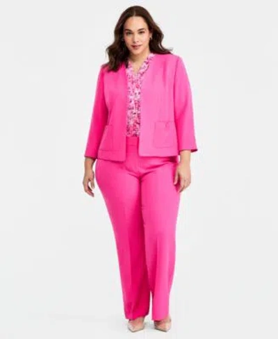 Kasper Plus Size Patch Pocket Jacket Printed Pleat Neck Top Straight Leg Pants In Pink