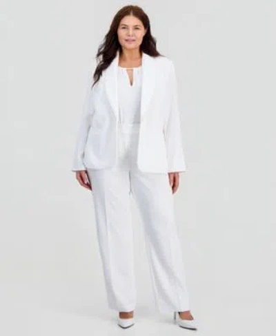 Kasper Plus Size Pearl Trim Shawl Collar Blaze Sleeveless Pearl Trim Blouse High Rise Straight Leg Pants In White