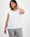 Kasper Plus Size Pleat-neck Cap-sleeve Blouse In White