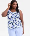 Kasper Plus Size Sleeveless Shirred Floral Shell In Blue