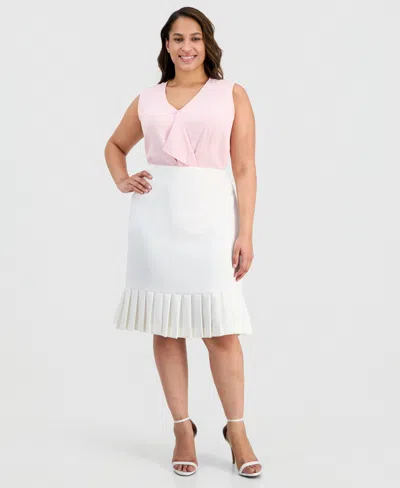 Kasper Plus Size Pleat-trim Stretch Crepe Skirt In White