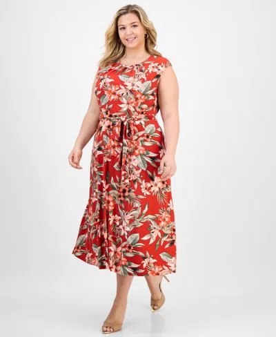 Kasper Plus Size Pleated Keyhole-neck Belted Midi Dress