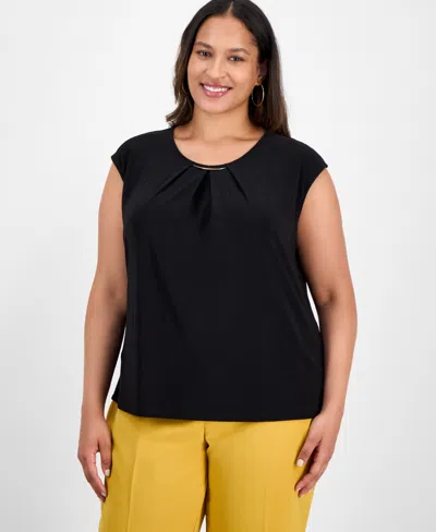 Kasper Plus Size Pleated-neck Sleeveless Top In Black