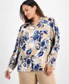 Kasper Plus Size Pleated V-neck Floral Print Blouse In Neutral