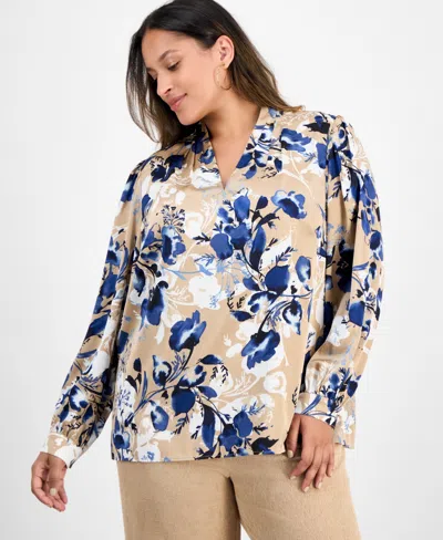 Kasper Plus Size Pleated V-neck Floral Print Blouse In Neutral