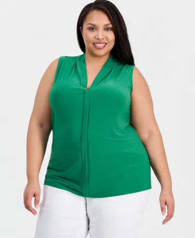Kasper Plus Size Pleat-neck Sleeveless Top In Green
