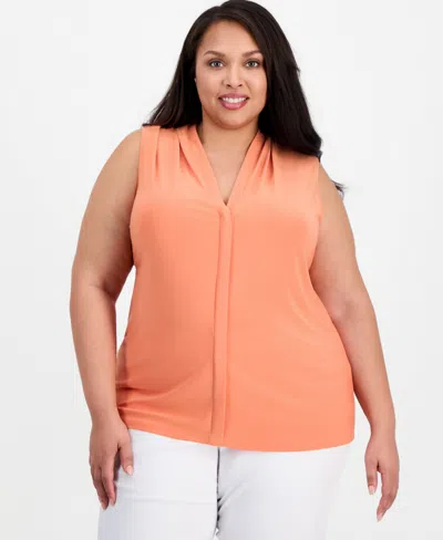 Kasper Plus Size Pleat-neck Sleeveless Top In Orange