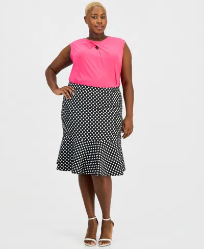 Kasper Plus Size Polka Dot Jacquard Flounce Skirt In Pink